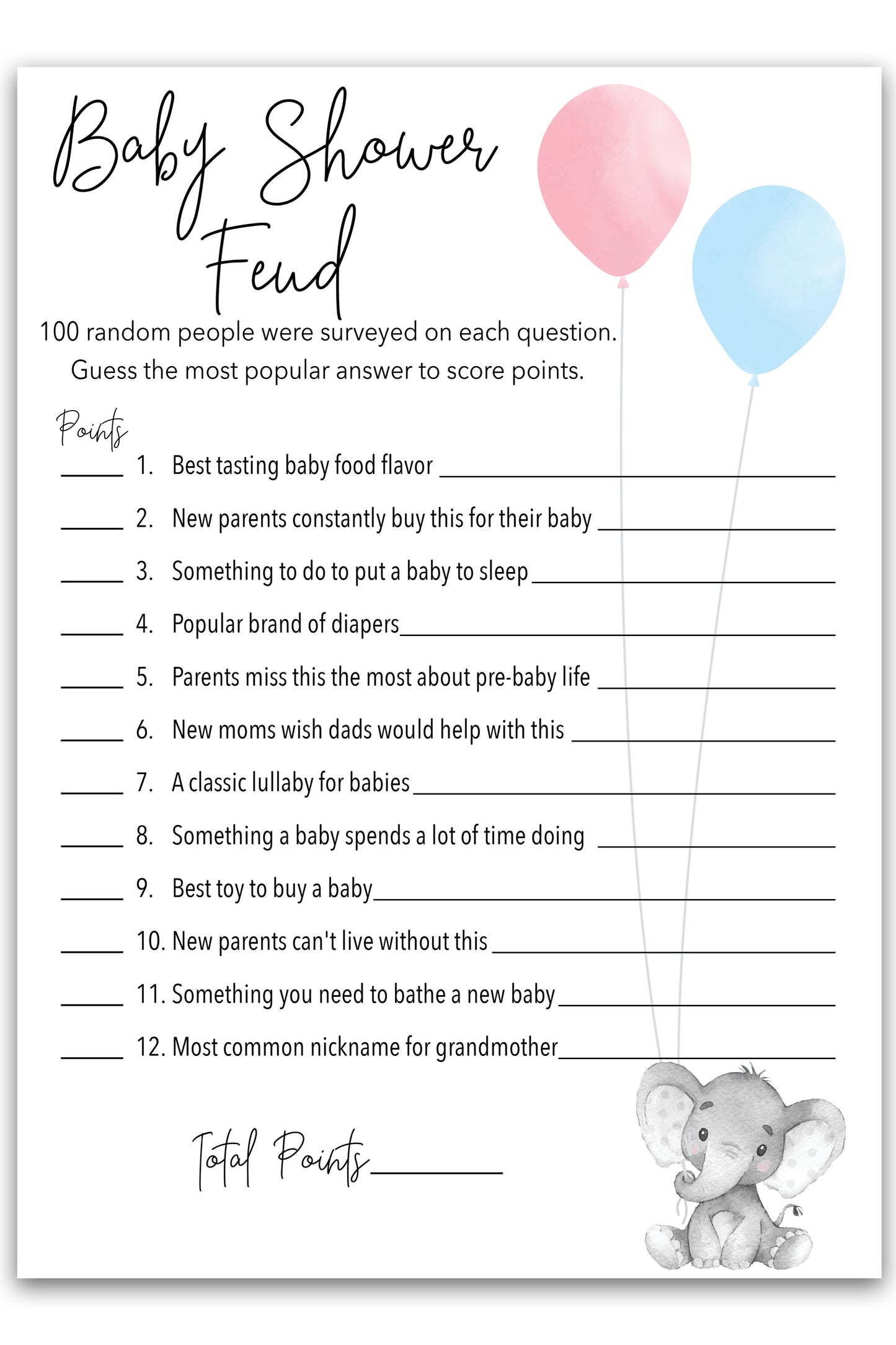 Blue or Pink Gender Reveal Baby Feud Game • Pack of 25 • Elephant Baby Shower Games
