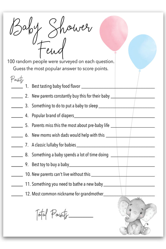 Blue or Pink Gender Reveal Baby Feud Game • Pack of 25 • Elephant Baby Shower Games