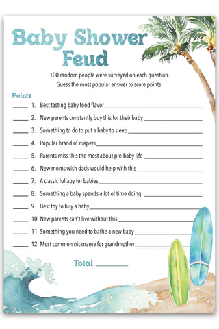 Ocean Surf Baby Shower Games - Baby Shower Feud Game - Pack of 25 - Printed