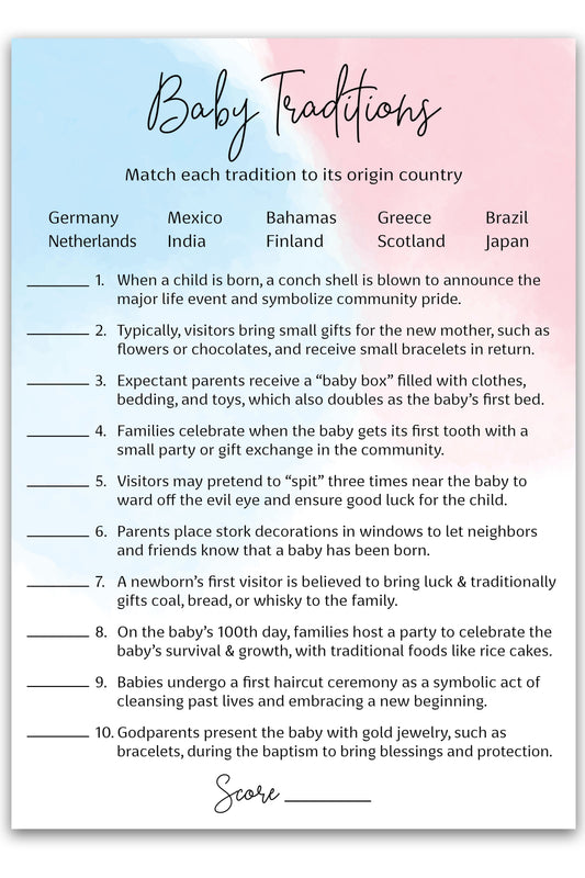 Pink or Blue Theme Baby Shower Games • BABY TRADITIONS around the World Game • Set of 25 • Gender Reveal Party