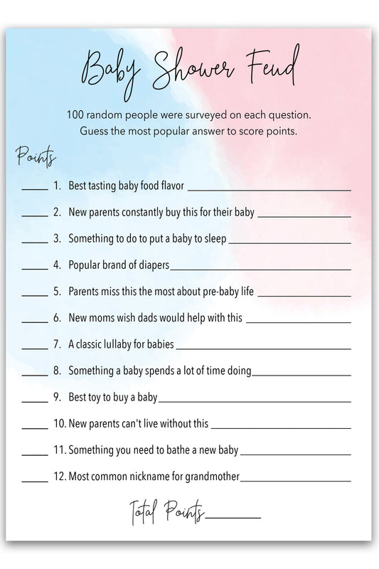 Blue or Pink Theme Baby Feud Game • Pack of 25 • Gender Reveal Baby Shower Games