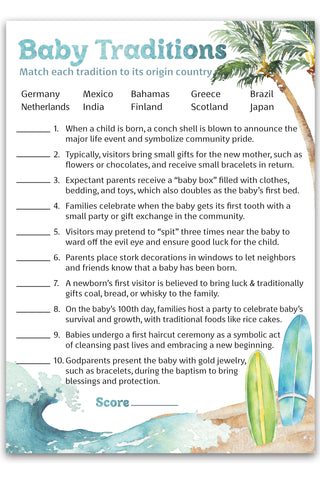Ocean Surf Baby Shower Games - Baby Traditions Around World Game - Pack of 25 - Printed