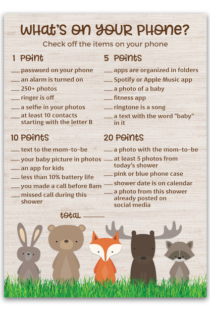 Woodland Animals Baby Shower Game - What's On Your Phone • SET of 25
