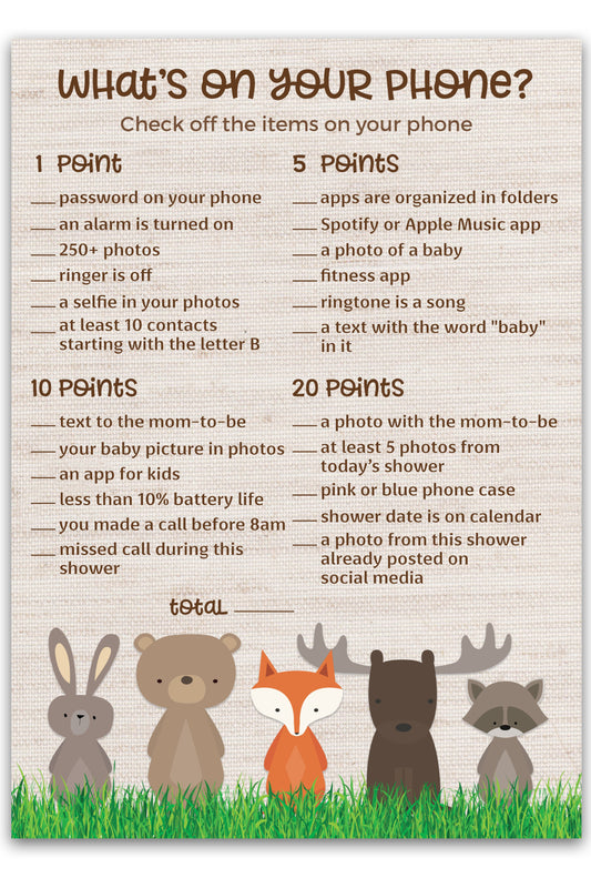 Woodland Animals Baby Shower Game - What's On Your Phone • SET of 25