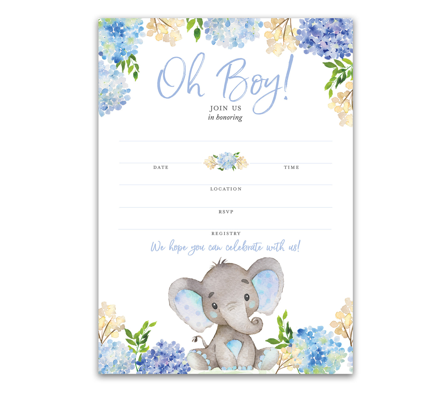 BLUE ELEPHANT Baby Shower INVITATIONS — Pack of 25