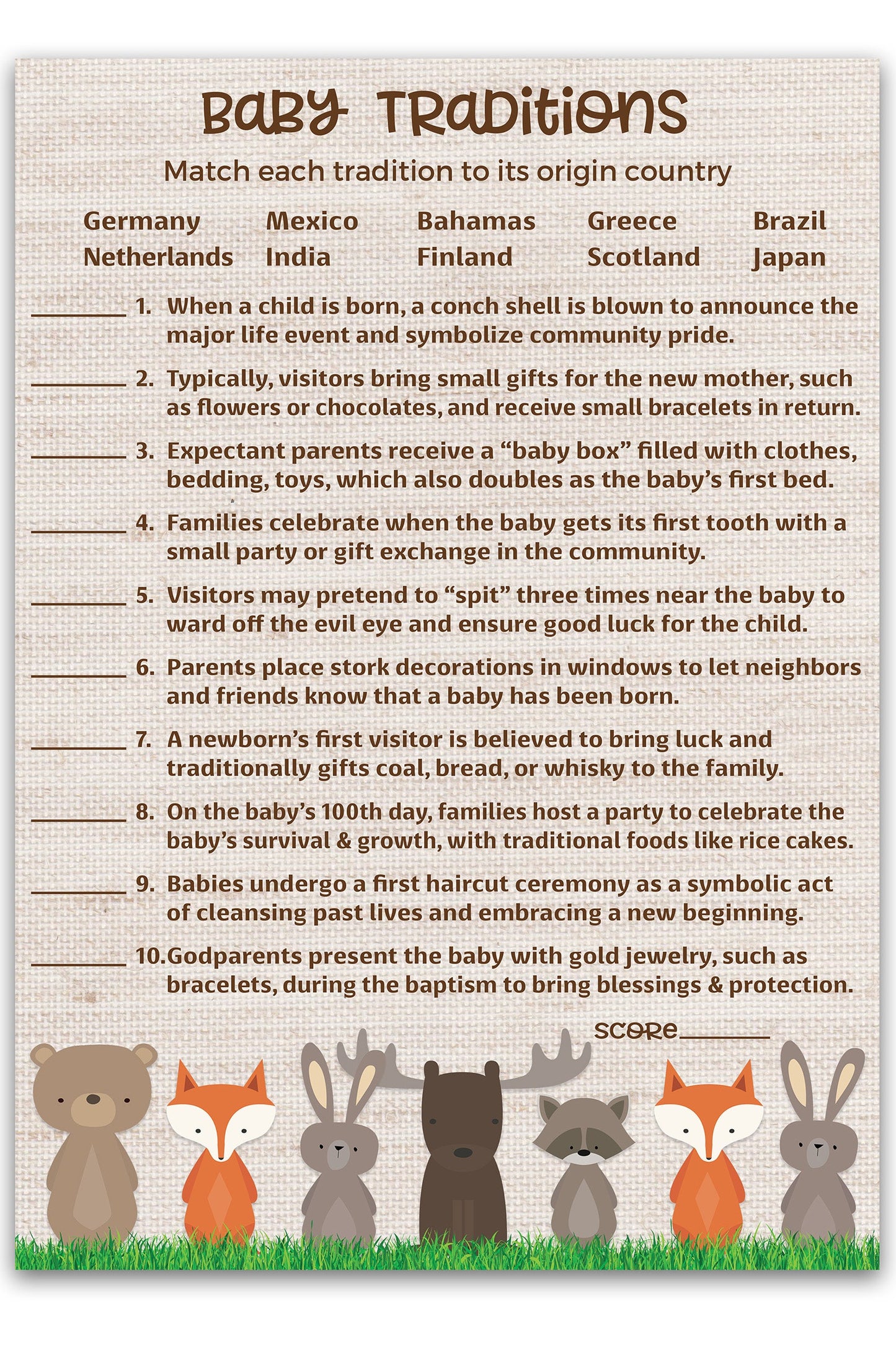 Woodland Anmals Theme Baby Shower Games • BABY TRADITIONS around the World Game • Pack of 25