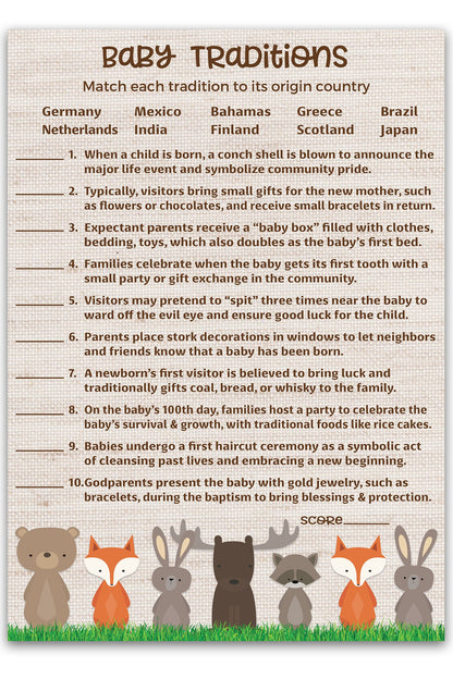 Woodland Anmals Theme Baby Shower Games • BABY TRADITIONS around the World Game • Pack of 25