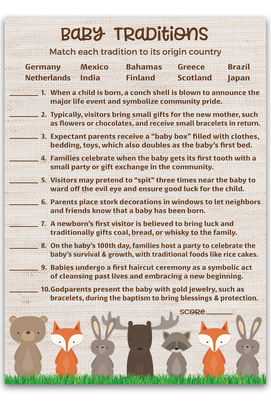 Woodland Anmals Theme Baby Shower Games • BABY TRADITIONS around the World Game • Pack of 25