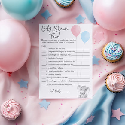Blue or Pink Gender Reveal Baby Feud Game • Pack of 25 • Elephant Baby Shower Games