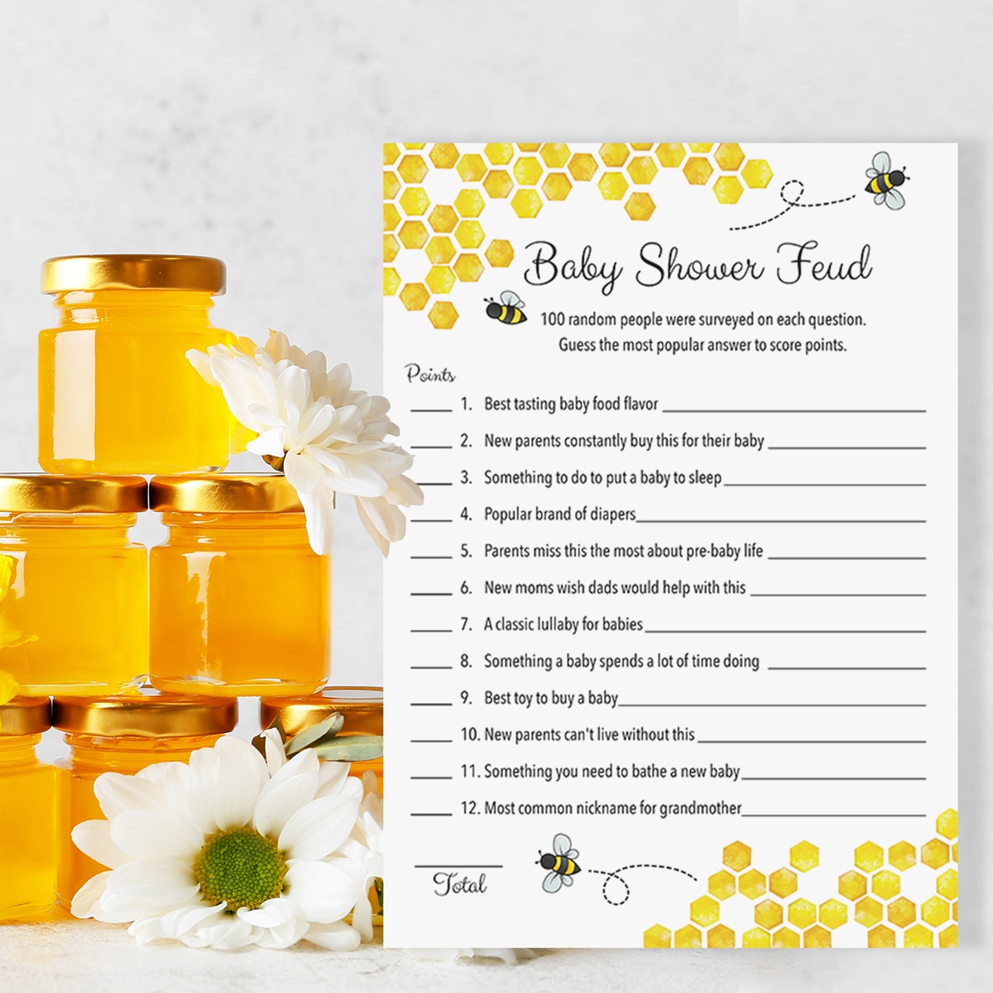 Bee Baby Shower FEUD Game – Mommy-to-Bee Bumblebee Theme – Pack of 25 - Rustic Yellow Gender Neutral Party Game