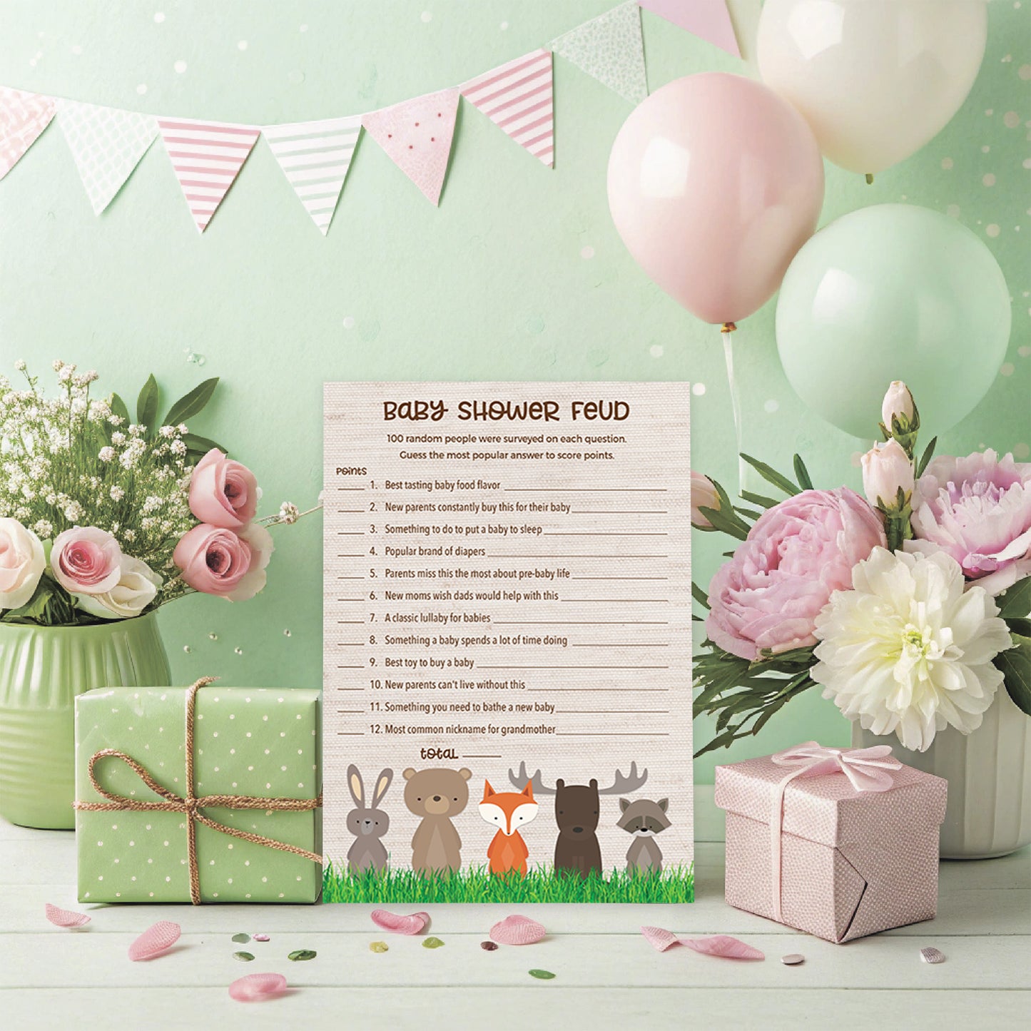 Woodland Animals Baby Feud Game • Pack of 25 • Baby Shower Games