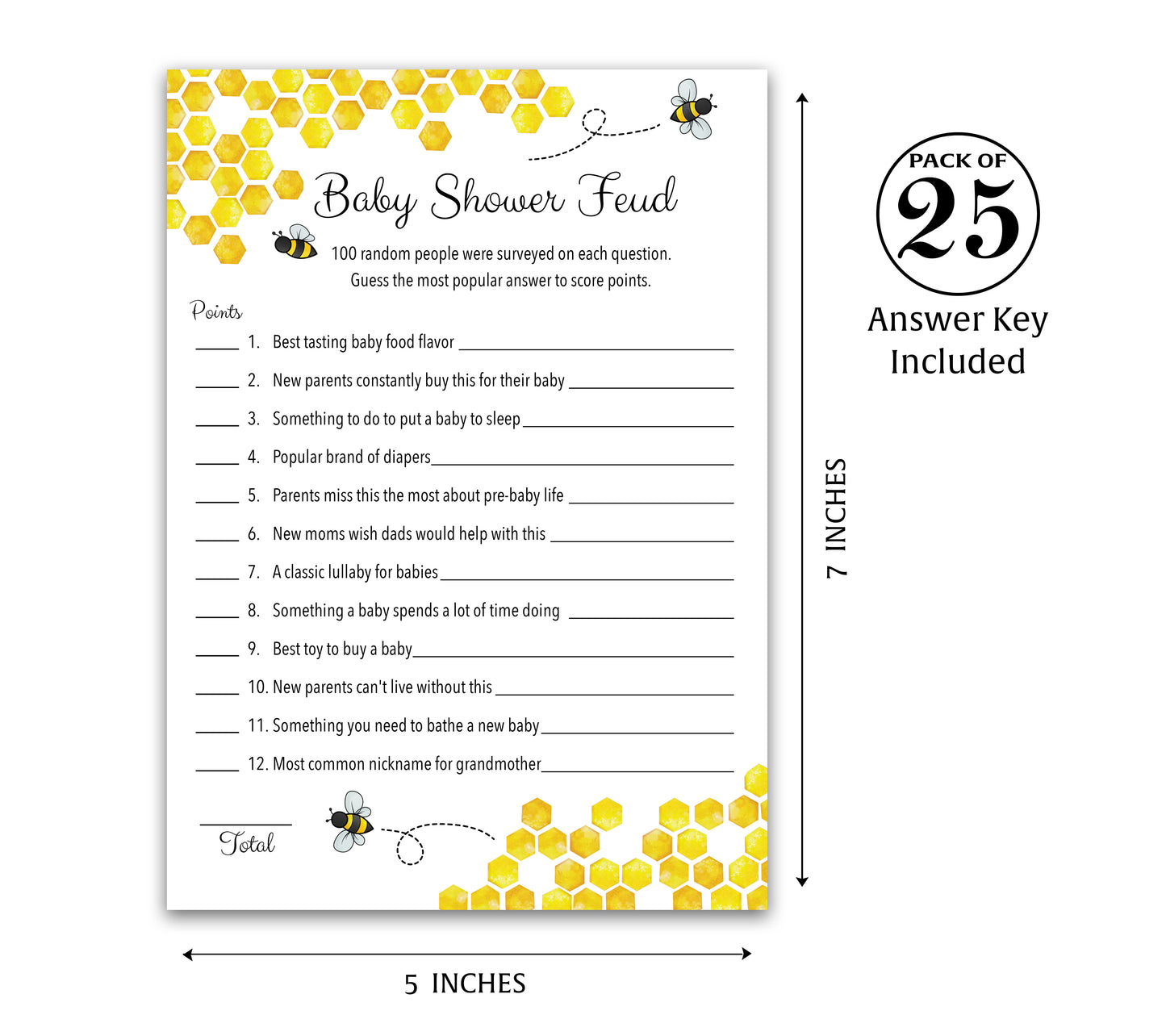 Bee Baby Shower FEUD Game – Mommy-to-Bee Bumblebee Theme – Pack of 25 - Rustic Yellow Gender Neutral Party Game
