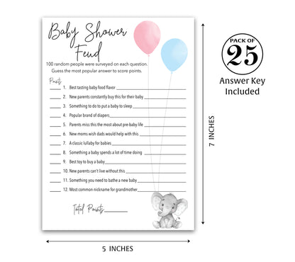 Blue or Pink Gender Reveal Baby Feud Game • Pack of 25 • Elephant Baby Shower Games