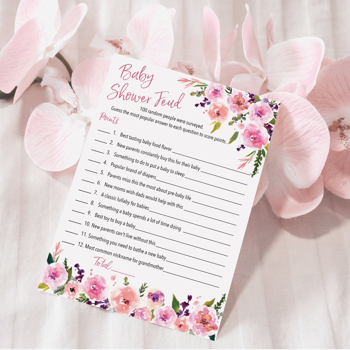 Floral Girl Baby Shower Feud Game • Pack of 25 • Baby Shower Games