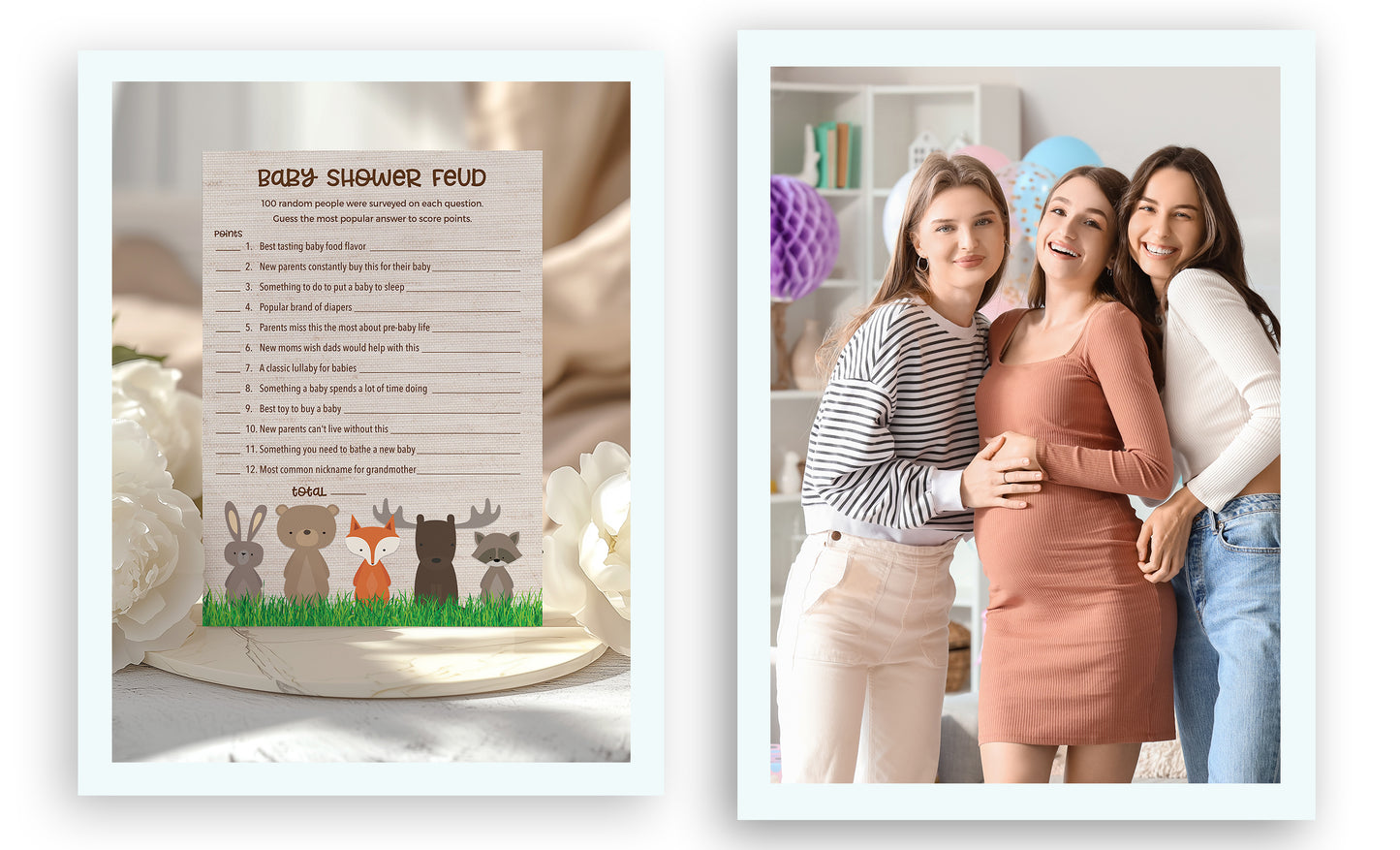 Woodland Animals Baby Feud Game • Pack of 25 • Baby Shower Games