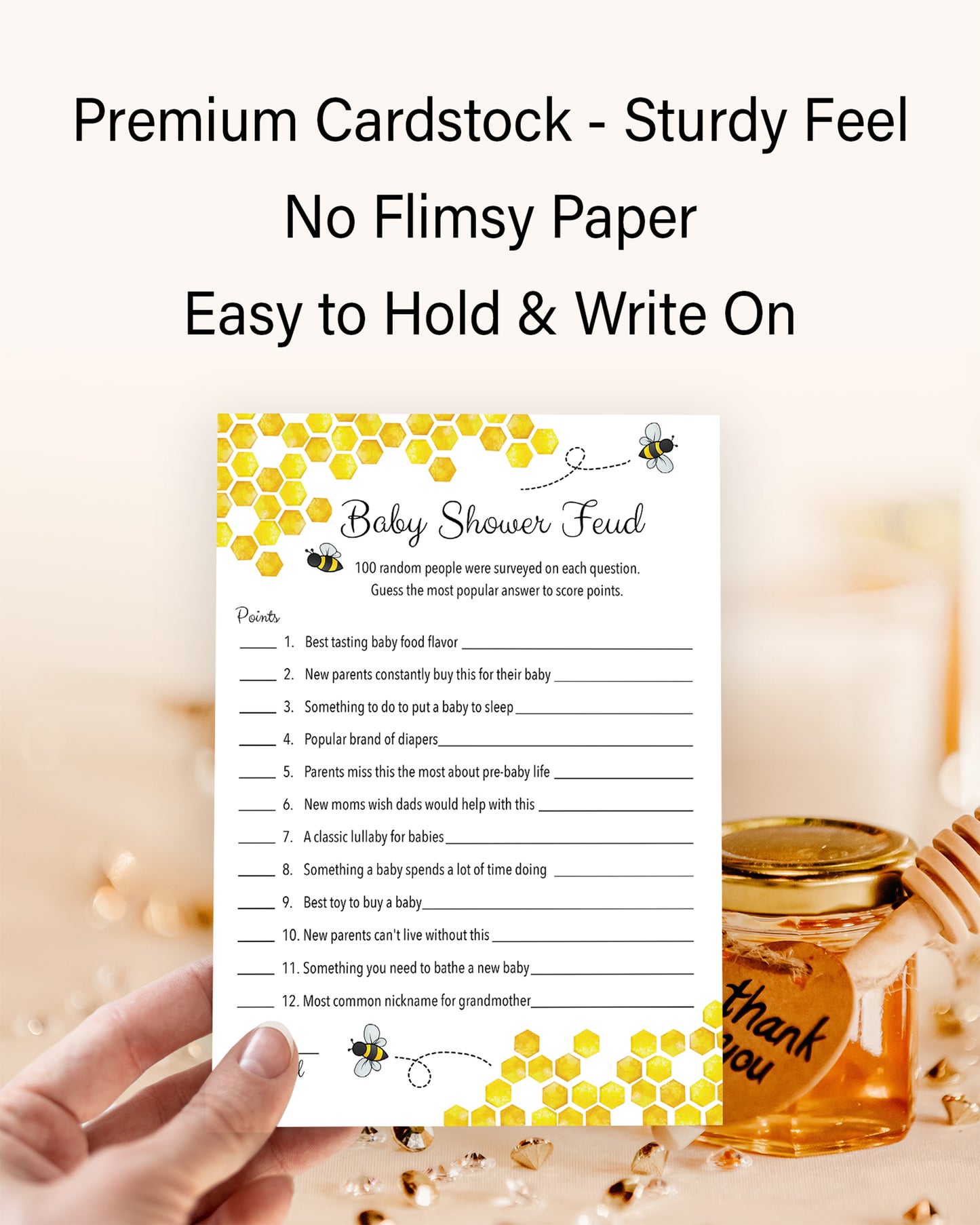 Bee Baby Shower FEUD Game – Mommy-to-Bee Bumblebee Theme – Pack of 25 - Rustic Yellow Gender Neutral Party Game