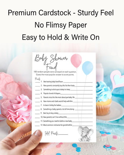 Blue or Pink Gender Reveal Baby Feud Game • Pack of 25 • Elephant Baby Shower Games