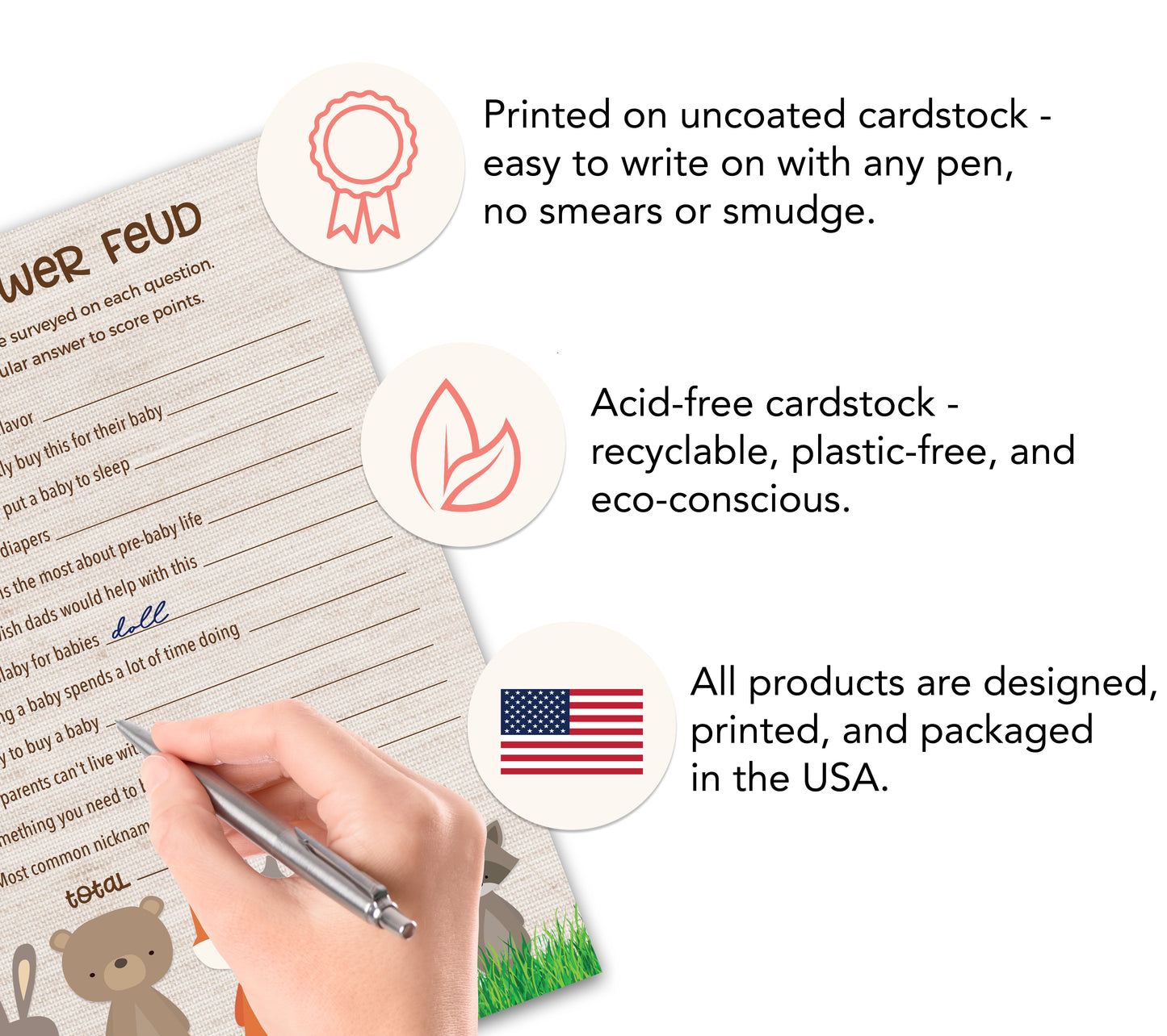 Woodland Animals Baby Feud Game • Pack of 25 • Baby Shower Games