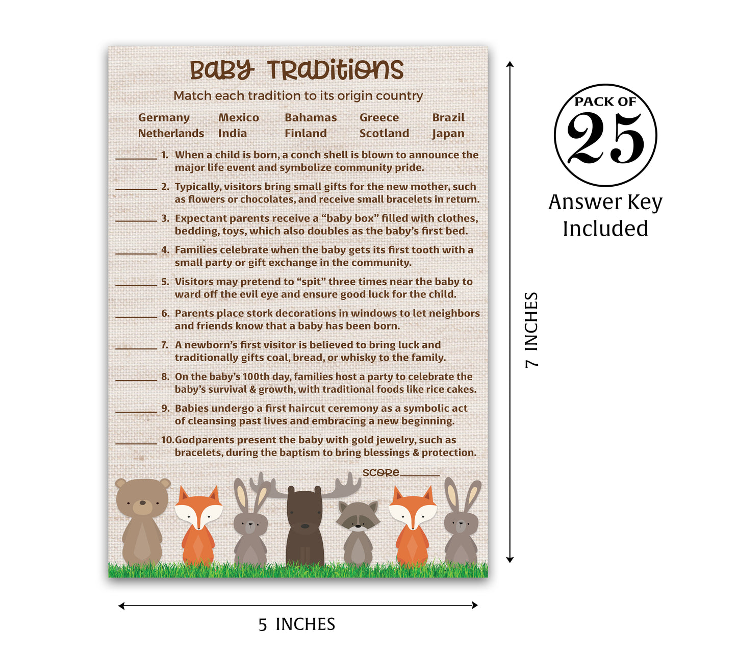 Woodland Anmals Theme Baby Shower Games • BABY TRADITIONS around the World Game • Pack of 25