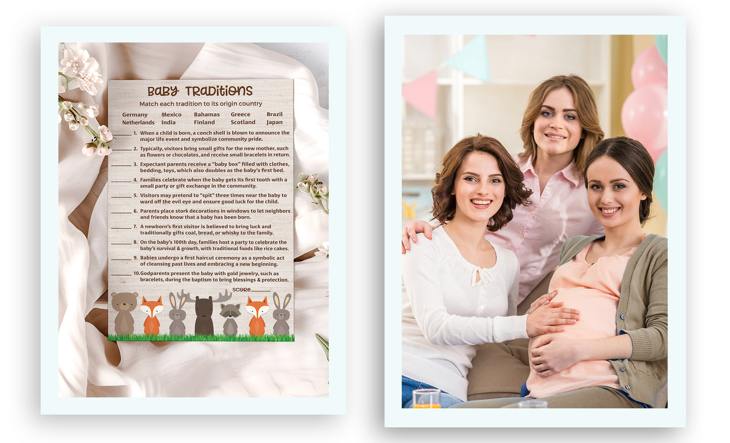 Woodland Anmals Theme Baby Shower Games • BABY TRADITIONS around the World Game • Pack of 25