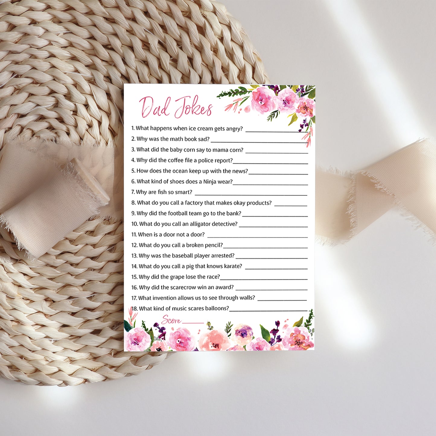 Floral Girl Baby Shower Game • DAD JOKES Games • Pack of 25