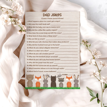 Woodland Animals Theme Baby Shower Game • DAD JOKES Games • Pack of 25