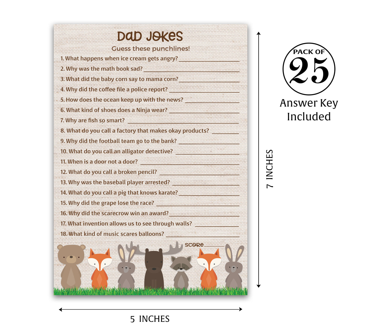 Woodland Animals Theme Baby Shower Game • DAD JOKES Games • Pack of 25