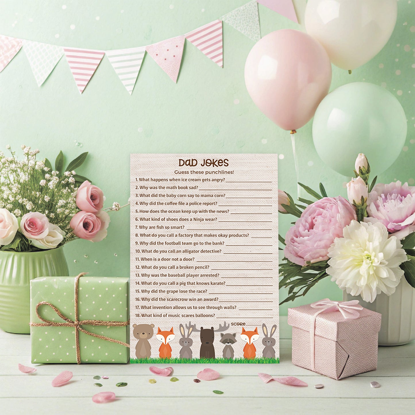 Woodland Animals Theme Baby Shower Game • DAD JOKES Games • Pack of 25