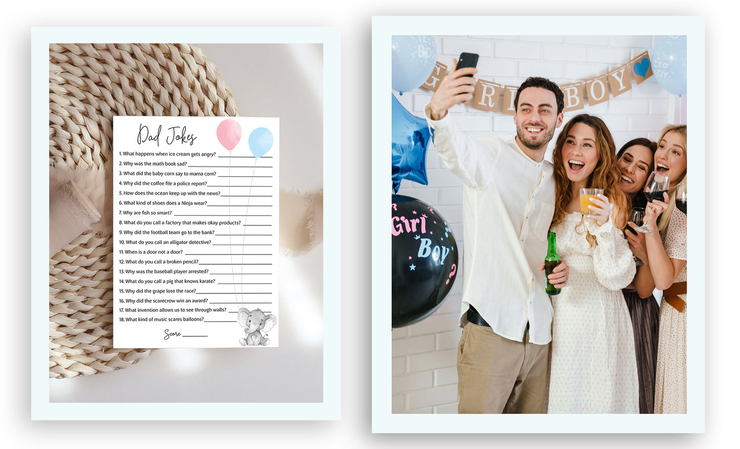 Girl or Boy Gender Reveal • DAD JOKES Games • Set of 25 • Pink or Blue Baby Shower Game