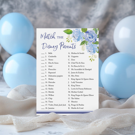 Blue Floral Garden Boy Baby Shower Game - Disney Parent Match • SET of 25