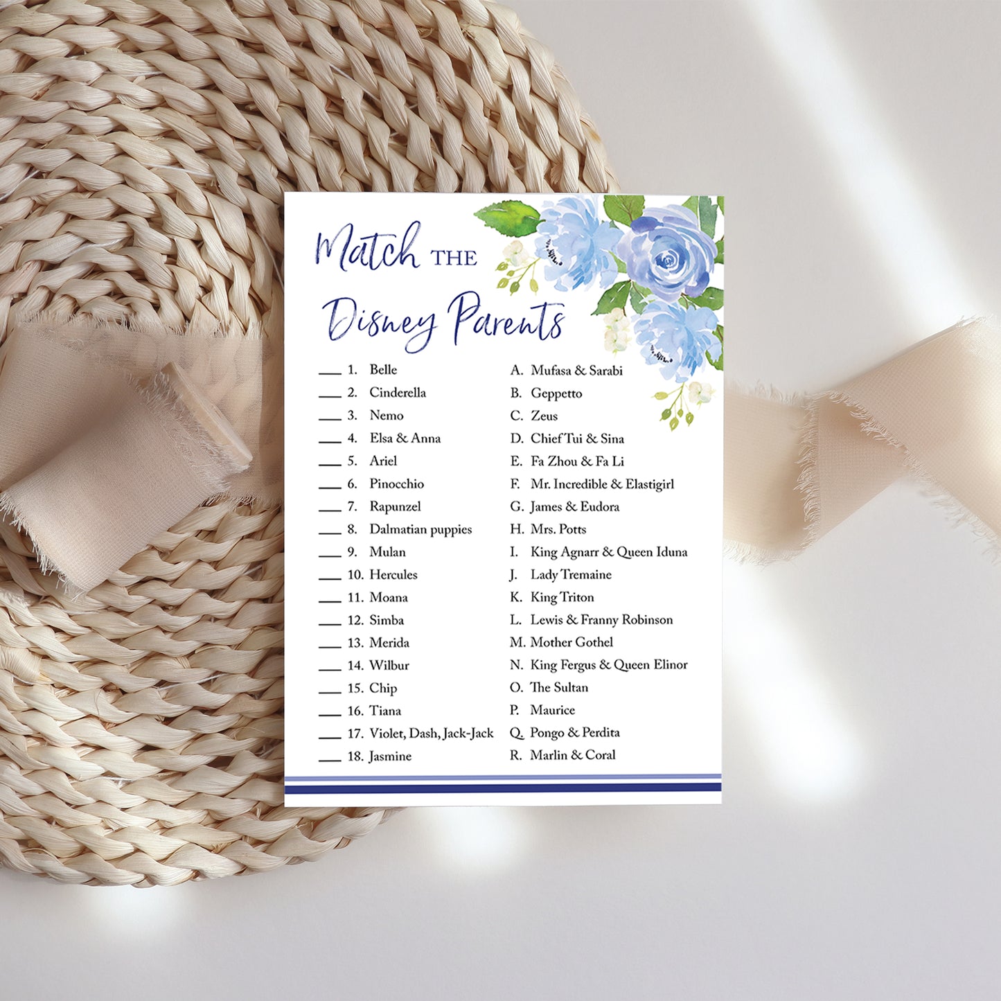 Blue Floral Garden Boy Baby Shower Game - Disney Parent Match • SET of 25