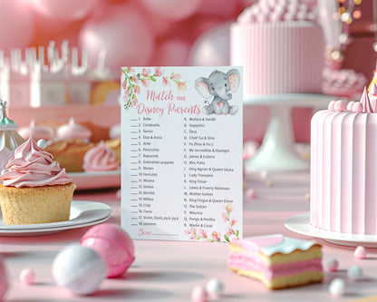 Pink Elephant Floral Girl Baby Shower Game - Disney Parent Match • SET of 25