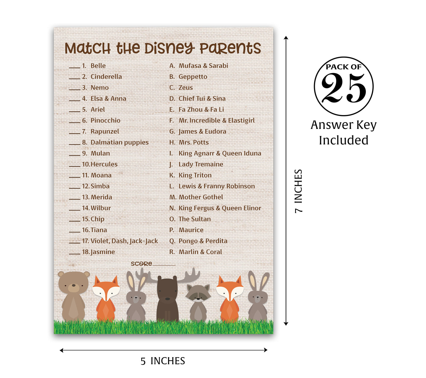Woodland Animals Baby Shower Game - Disney Parent Match • SET of 25