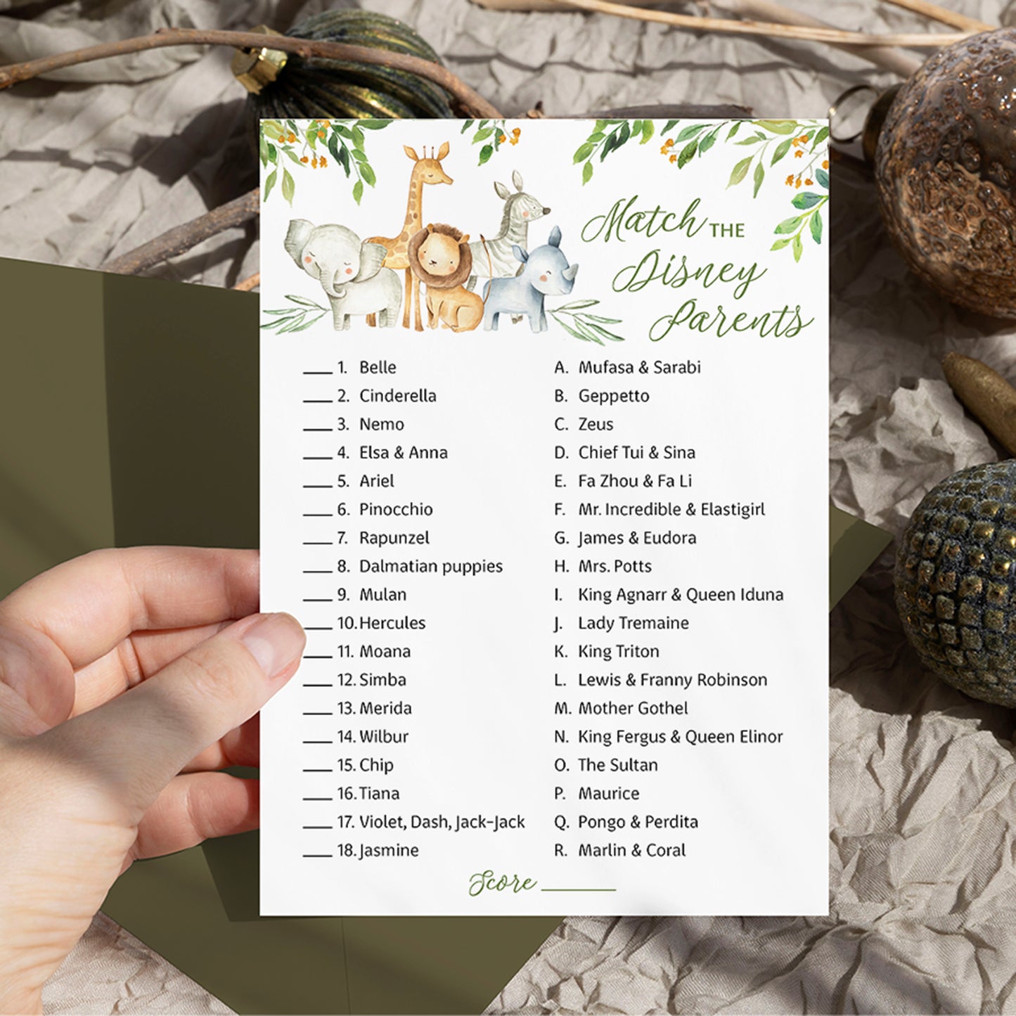 Safari Animals Baby Shower Game - Disney Parent Match • SET of 25