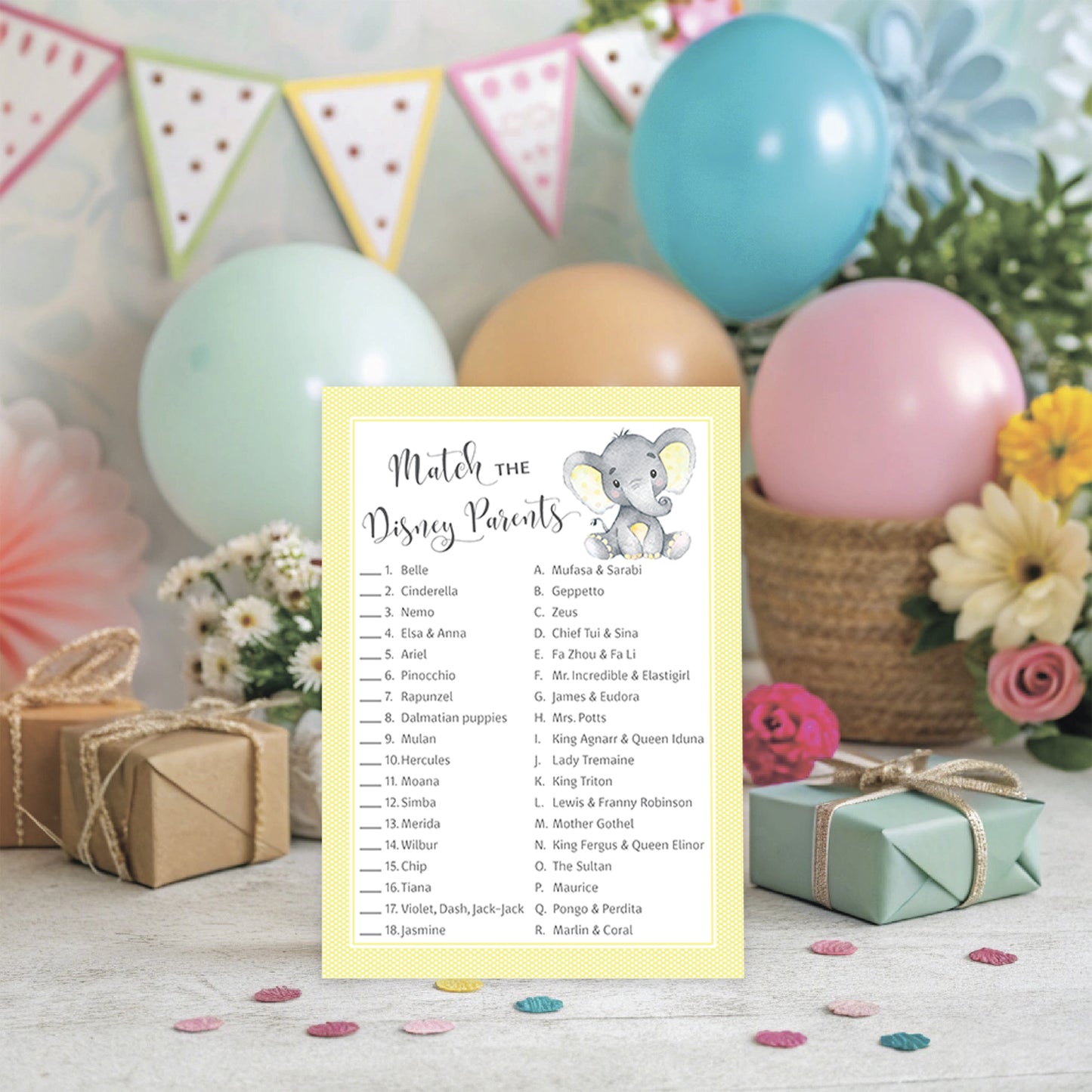 Yellow Elephant Little Peanut Theme Baby Shower Game • Disney Parent Match • SET of 25 • Gender Neutral