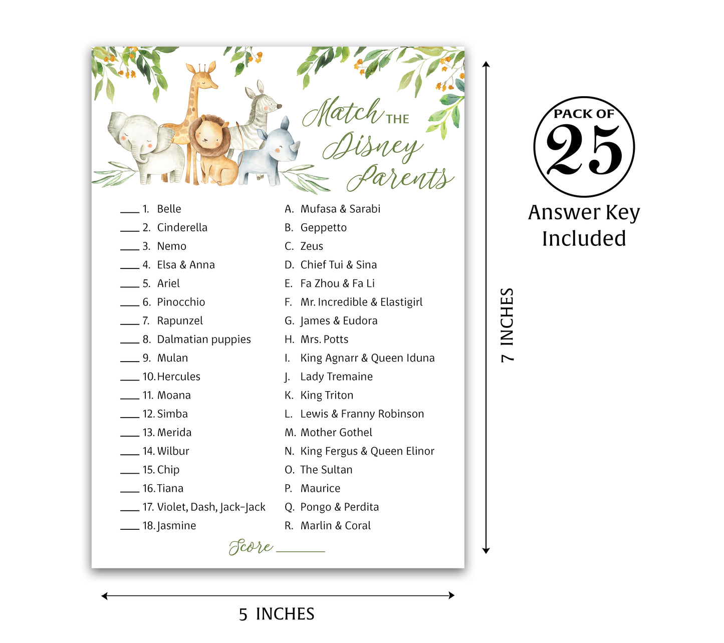 Safari Animals Baby Shower Game - Disney Parent Match • SET of 25