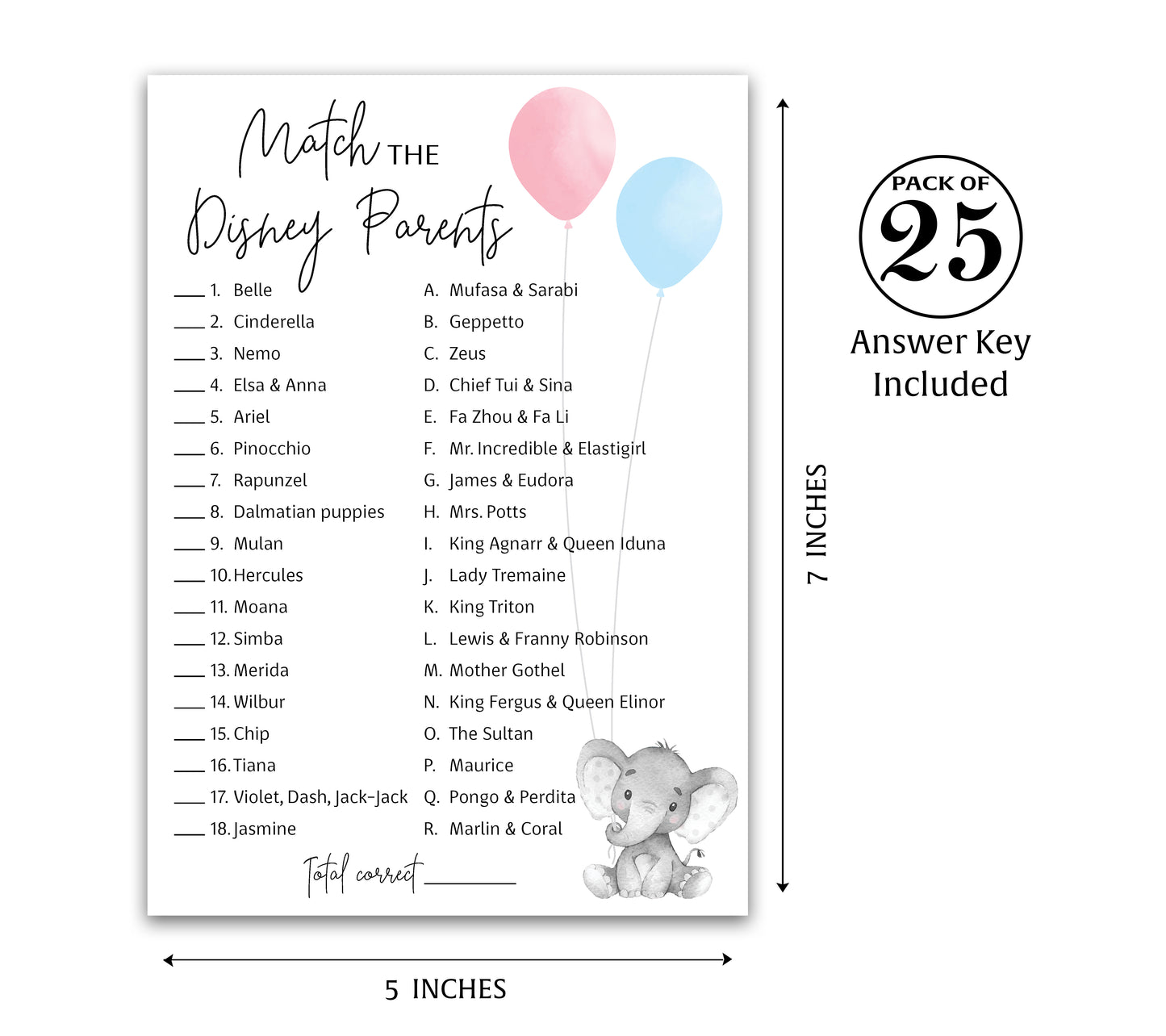 Girl or Boy Elephant Gender Reveal Game • Disney Parent Match • SET of 25 • Baby Shower