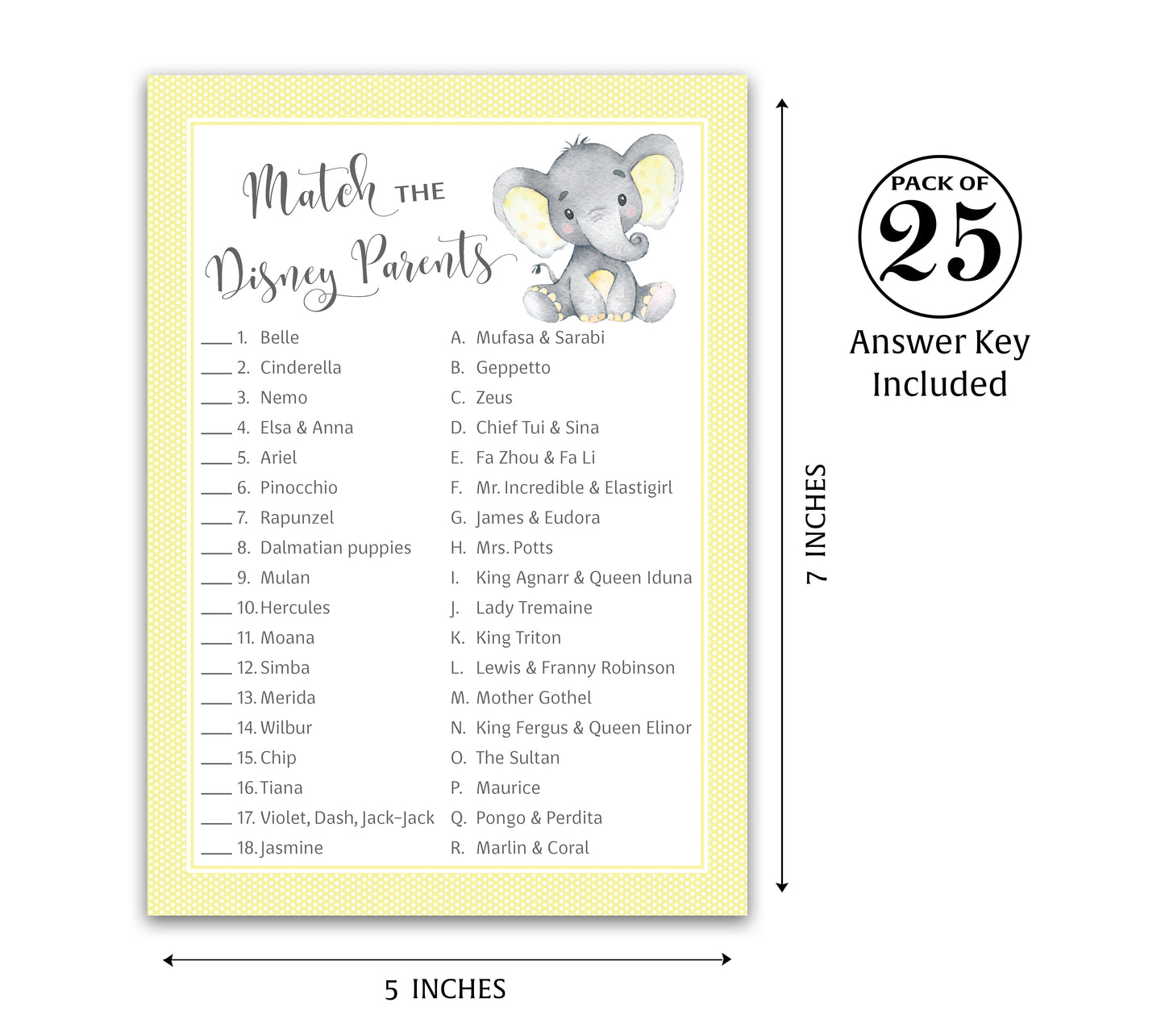 Yellow Elephant Little Peanut Theme Baby Shower Game • Disney Parent Match • SET of 25 • Gender Neutral