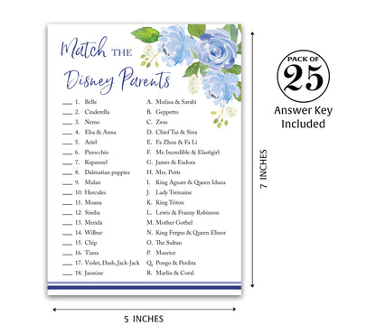 Blue Floral Garden Boy Baby Shower Game - Disney Parent Match • SET of 25