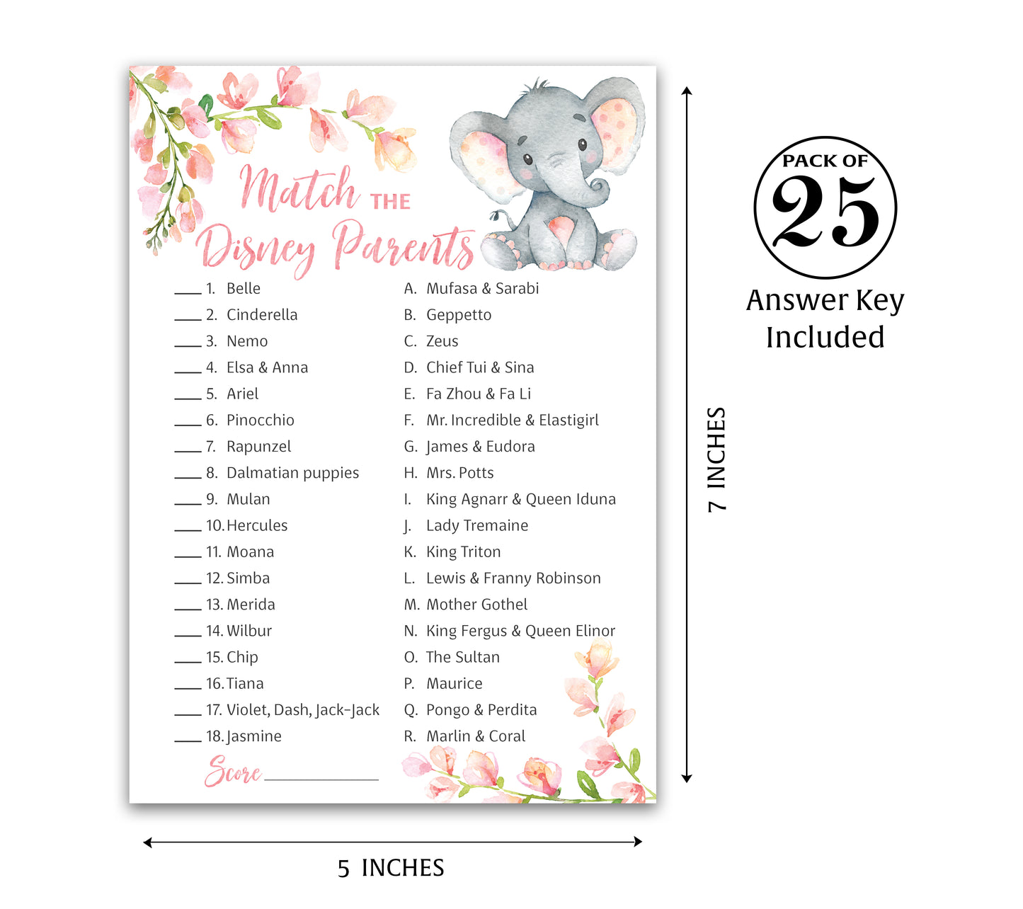 Pink Elephant Floral Girl Baby Shower Game - Disney Parent Match • SET of 25