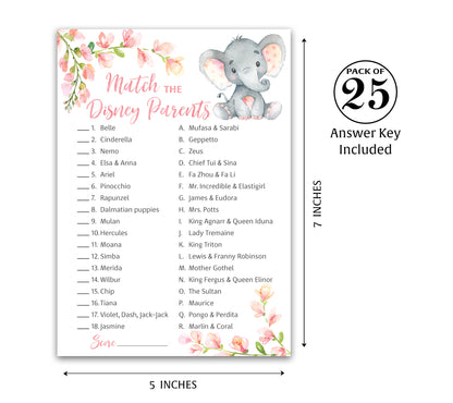 Pink Elephant Floral Girl Baby Shower Game - Disney Parent Match • SET of 25