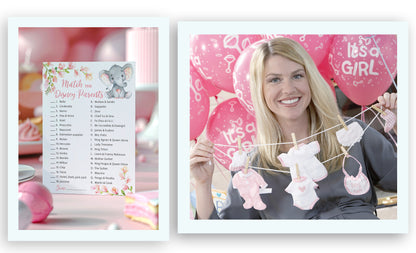 Pink Elephant Floral Girl Baby Shower Game - Disney Parent Match • SET of 25