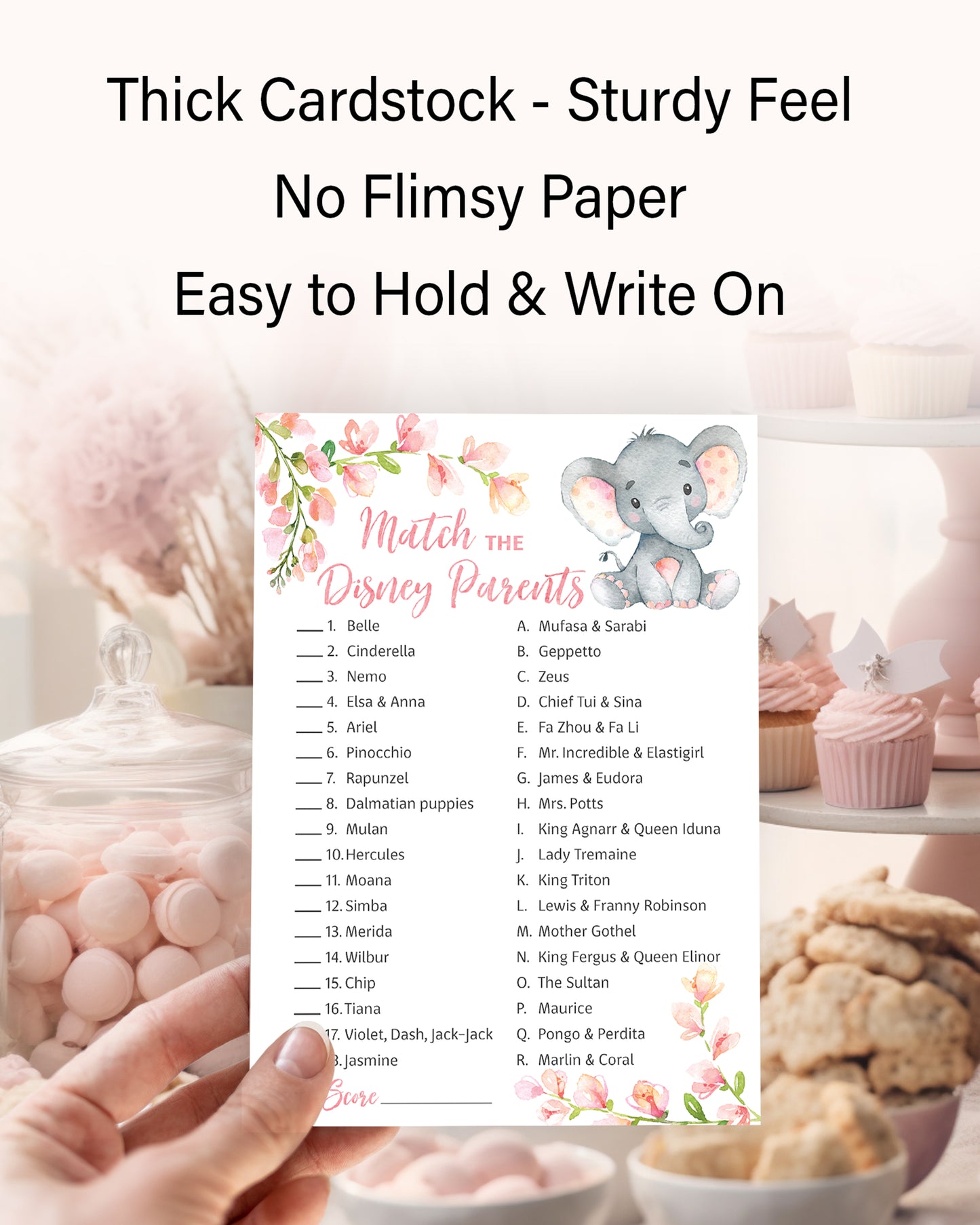 Pink Elephant Floral Girl Baby Shower Game - Disney Parent Match • SET of 25