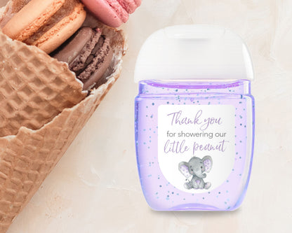 30 Pack PocketBac 1 oz Mini Hand Sanitizer Labels for Gender Neutral Purple Elephant Baby Shower