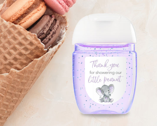 30 Pack PocketBac 1 oz Mini Hand Sanitizer Labels for Gender Neutral Purple Elephant Baby Shower