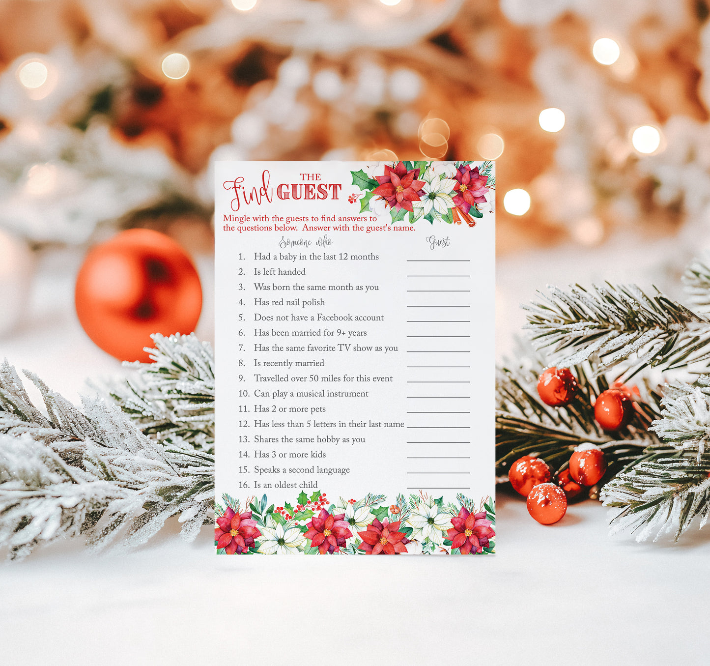 Christmas Baby Shower Game – “Find the Guest” – Pack of 25 Cards – Fun Holiday Icebreaker & Quiz Game for Xmas Baby Showers