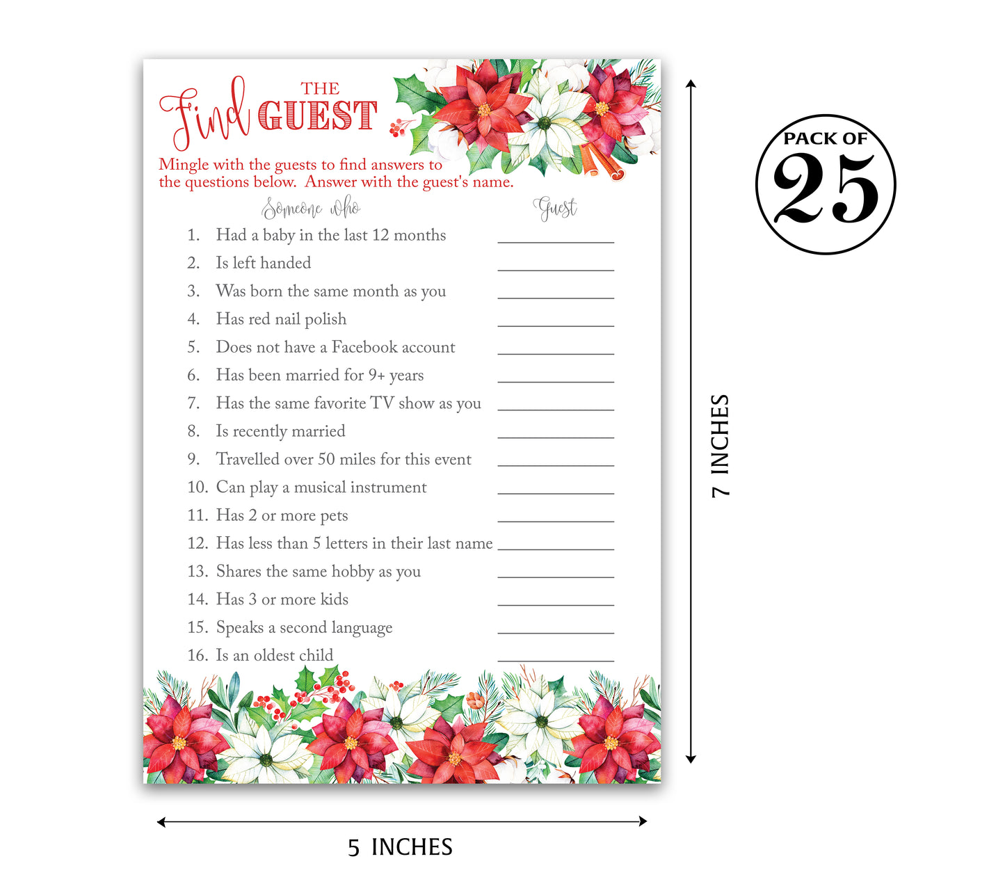 Christmas Baby Shower Game – “Find the Guest” – Pack of 25 Cards – Fun Holiday Icebreaker & Quiz Game for Xmas Baby Showers