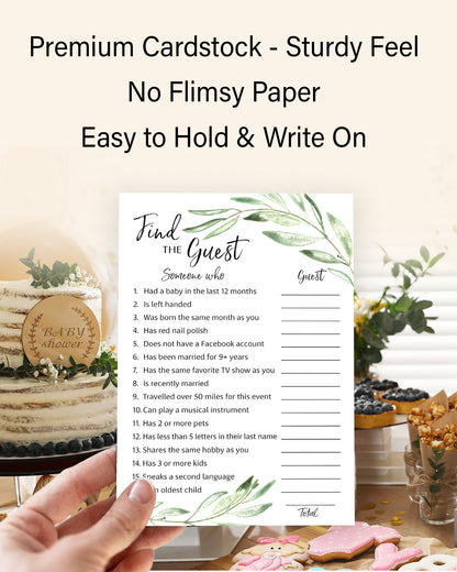 Greenery Theme FIND THE GUEST Baby Shower Game — Pack of 25 — Printed