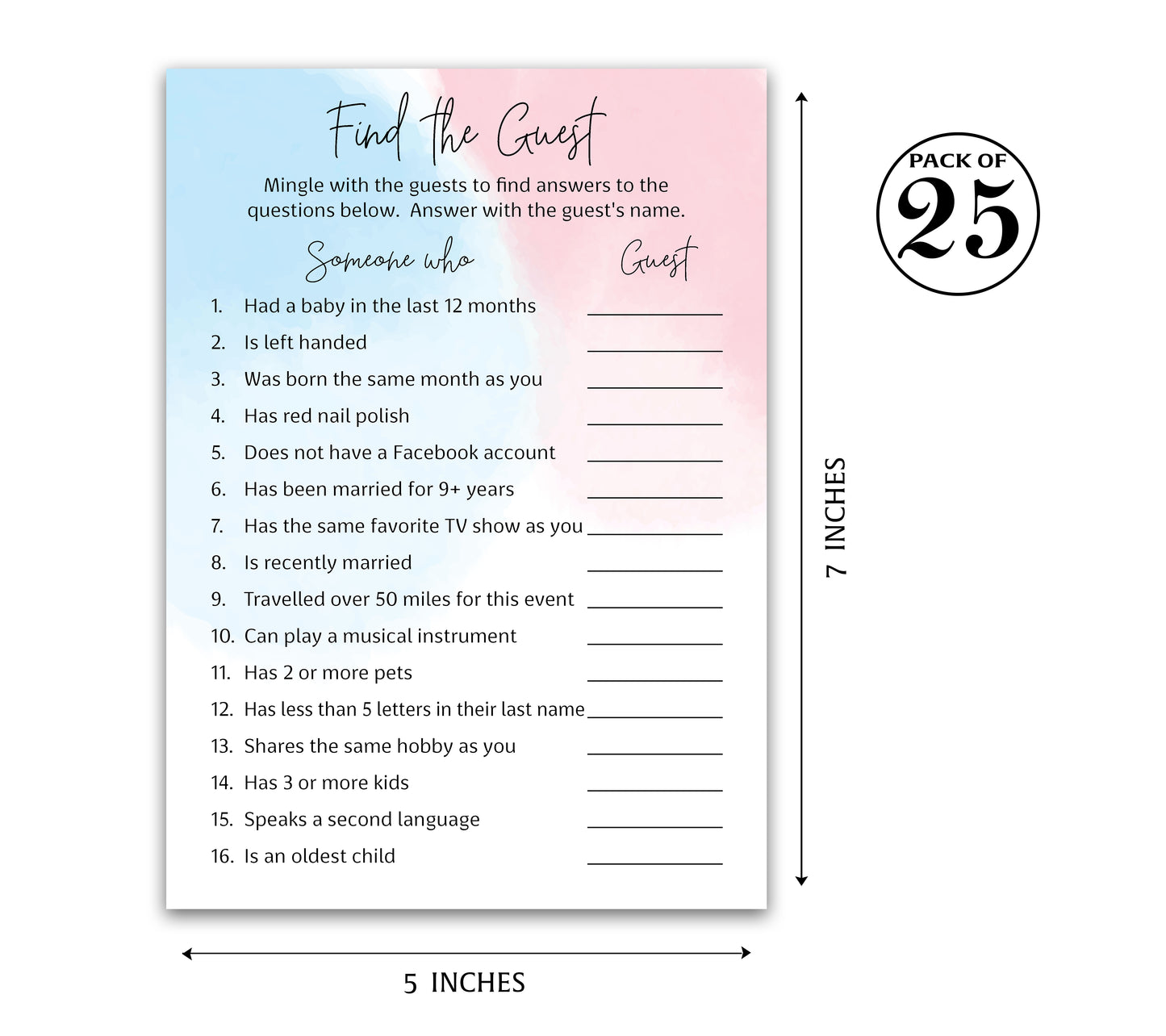 Blue or Pink Theme Baby Shower Game - Find The Guest • SET of 25 • Gender Reveal