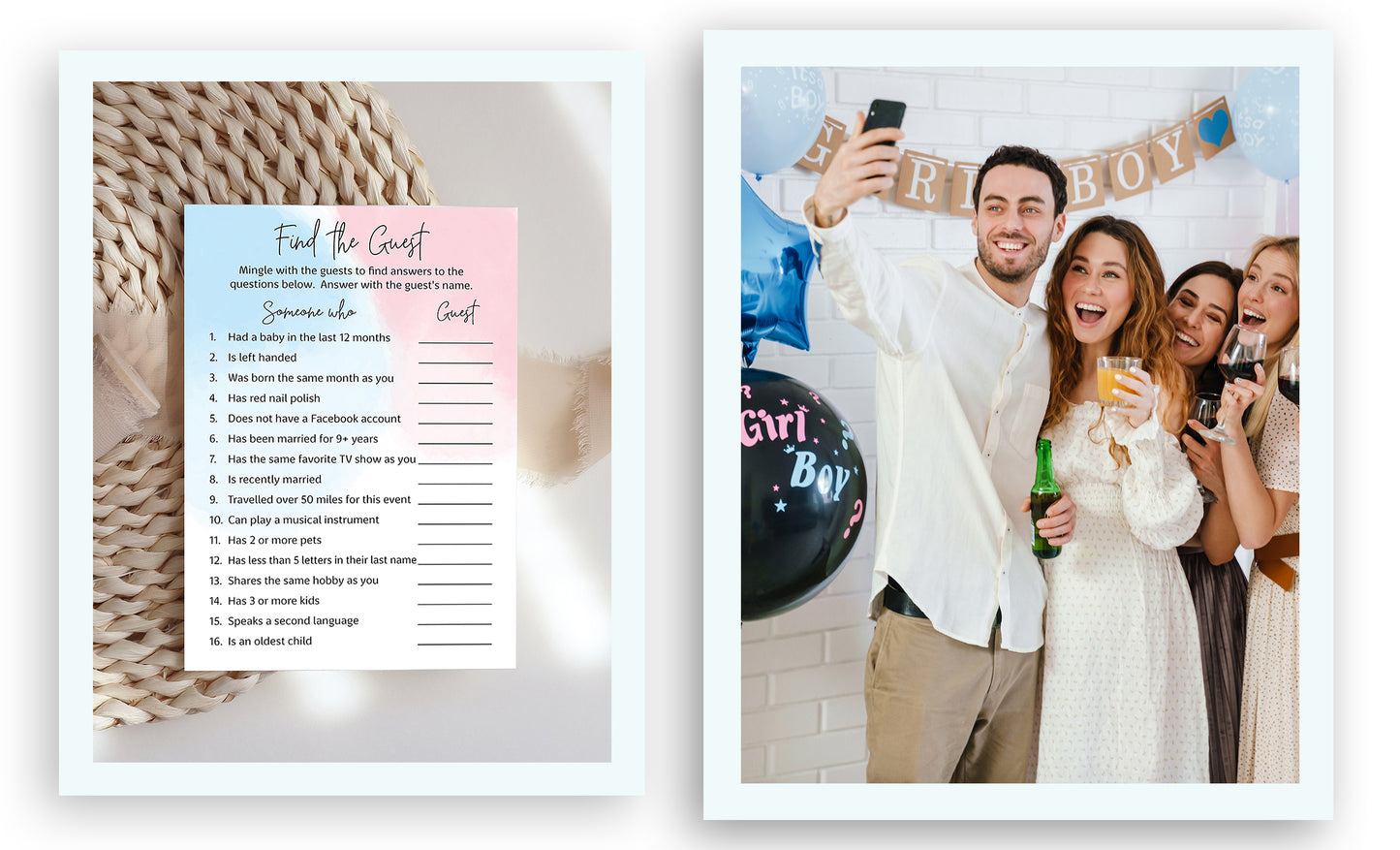 Blue or Pink Theme Baby Shower Game - Find The Guest • SET of 25 • Gender Reveal